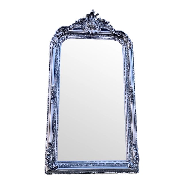 1960s French Louis XVI Silver Wood Floor Mirror Full Length For Sale