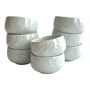 2000s Chinese Celadon Porcelain Engraved Raised Relief Grapes/Leaves Motif Rice/Soup Bowls- Set of 8