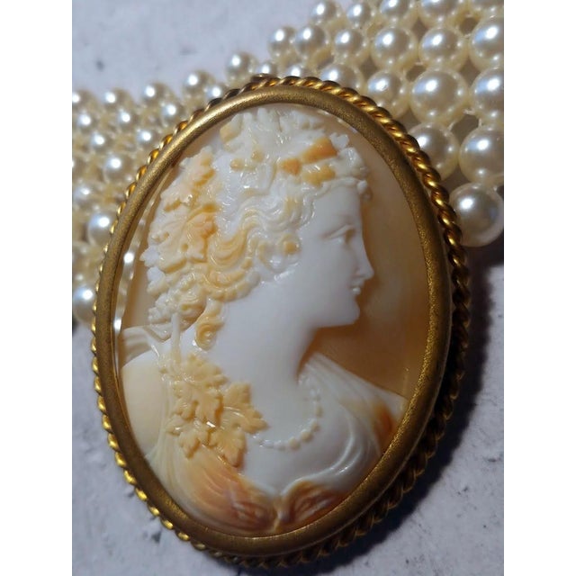 Late 19th Century Victorian Hand-Carved Cameo Brooch, Bacchante Portrait, Gold-Plated Frame, Late 19th Century Antique Jewelry For Sale - Image 5 of 7