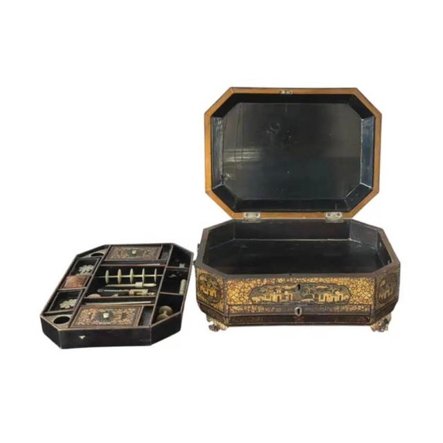 Black 19th Century Chinese Export Lacquer Chinoiserie Sewing Box For Sale - Image 8 of 15