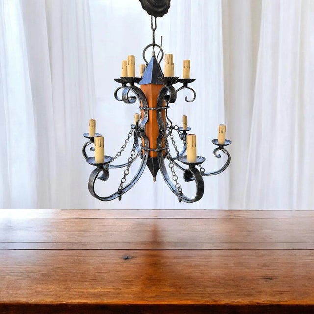 1970s Made in Italy Mediterranean Revival Wrought Iron Style 12 Light Candle Chandelier For Sale - Image 5 of 15