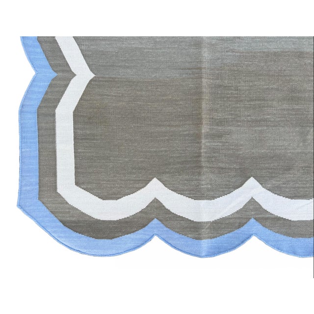Not Yet Made - Made To Order Handmade Cotton Vegetable Dyed Scalloped Edge Rug Brown & Sky Blue Border Dhurrie- 9'x12' For Sale - Image 10 of 11