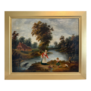 Mid 20th Century Signed European Oil Painting Mid Century Genre Landscape Cottage Scene