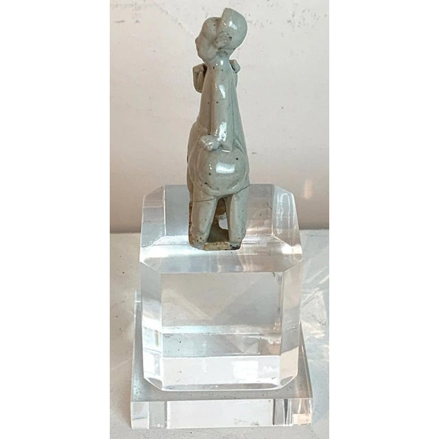 Chinese 15th Century & Earlier Song Dynasty Chinese Celadon Porcelain Horse and Rider on Later Lucite Pedest For Sale - Image 3 of 13