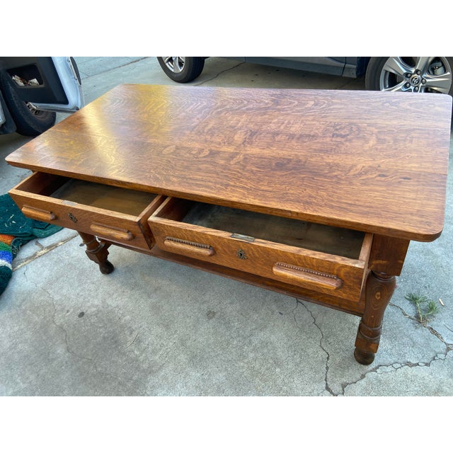 Antique Arts and Crafts Oak Library Desk Writing Table Wirh Shelf Mission Style For Sale In Sacramento - Image 6 of 18