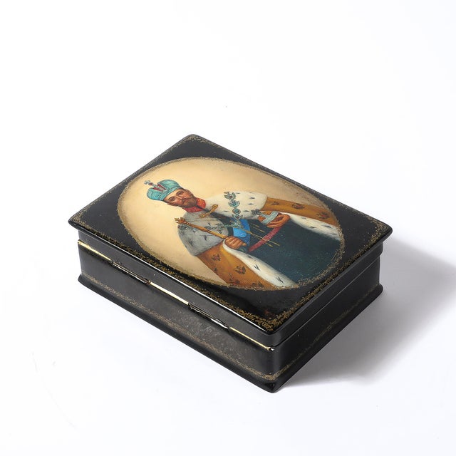 Hand-Painted Russian Box of Tsar Nicholas II With Vermillion Red Interior For Sale - Image 11 of 13