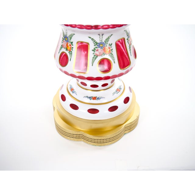 Raspberry Pink Antique Bohemian Cranberry Crystal, Painted and Gilt Gold Decorated Table Lamp For Sale - Image 8 of 12