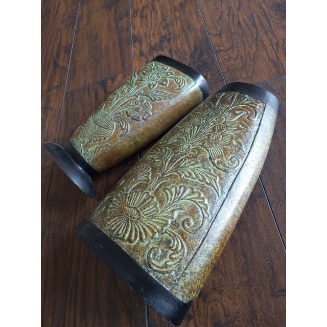 Vintage Metal Vases Lovely Floral Engraved Design Set of Two Color: Green/ Brown & Black Condition: Excellent Minor/ Very...