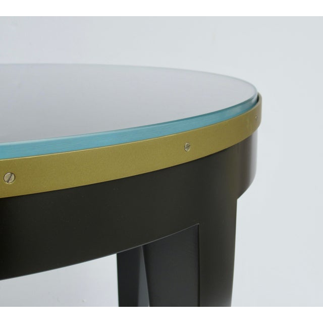 C. 1980's Donghia "Essence" Collection Round Side/End Table Satin Black Lacquer Finish With Brushed Brass Details For Sale - Image 14 of 18
