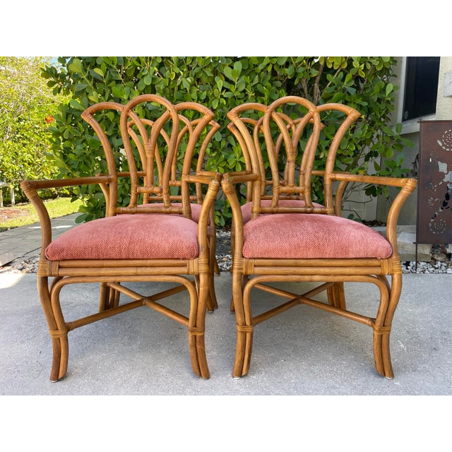 Chippendale Vintage Rattan Fan Back Dining Chairs With Arms — Set of 4 | Palm Beach Regency For Sale - Image 3 of 9