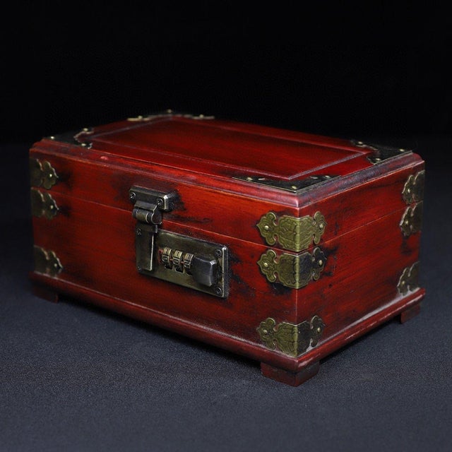 Vintage Redwood Jewelry Box With Combination Lock and Brass Mounts For Sale - Image 4 of 10