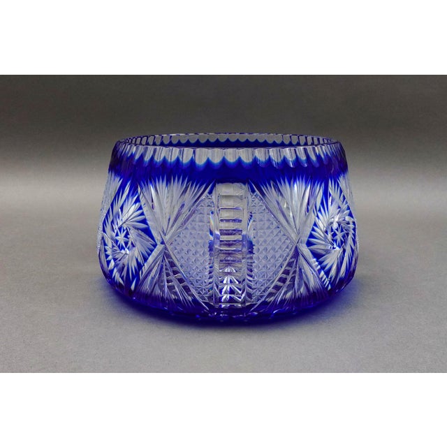 Mid 20th Century Mid 20th Century Czech Bohemian Cobalt Blue Cut to Clear Crystal Round Centerpiece Bowl For Sale - Image 5 of 7