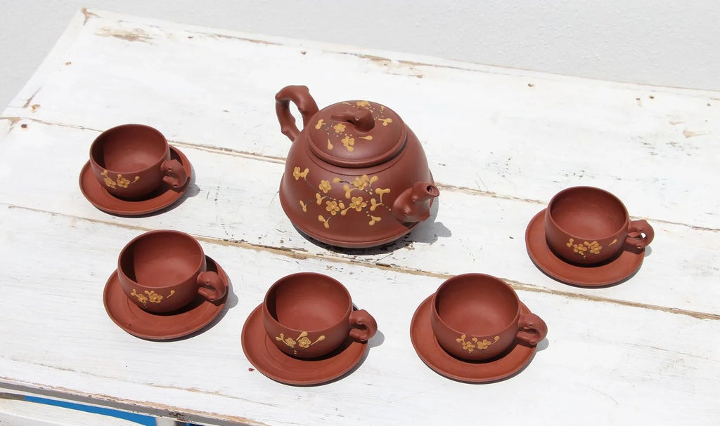 Mid-Century Chinese Yixing Tea Set, Teapot and Five Cups With