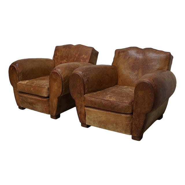 French Cognac Moustache Back Leather Club Chairs, 1940s, Set of 2 For Sale