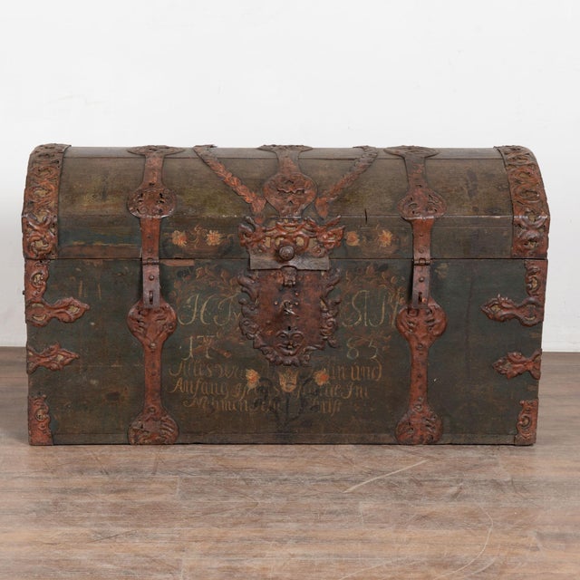 Folk Art Large Swedish Oak Trunk With Original Green Painted Finish, Dated 1785 For Sale - Image 3 of 18
