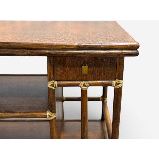 1970s McGuire Serving Cart - Vintage Organic Modern Bar - Rattan + Mahogany + Raw Hide For Sale - Image 12 of 12