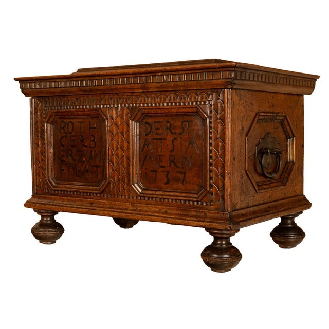 Antique Carved Walnut & Iron Coffer Chest Strong Guild Box Simmern Germany 1737 For Sale - Image 9 of 18