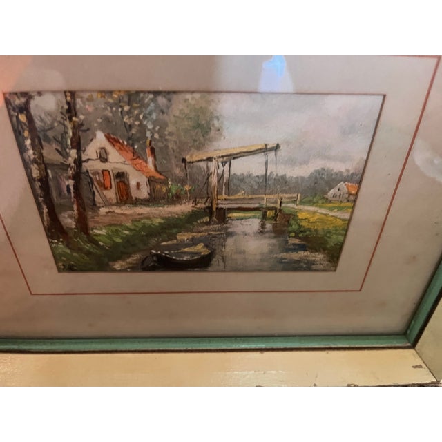 Vintage Mid-Century European Canal Landscape Painting With Bridge & Cottage, Framed For Sale - Image 4 of 8