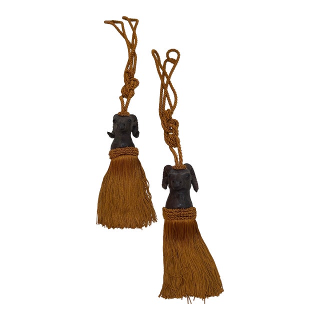 1970s Pair Ram Head Leather Wrapped Curtain Tieback Tassels For Sale