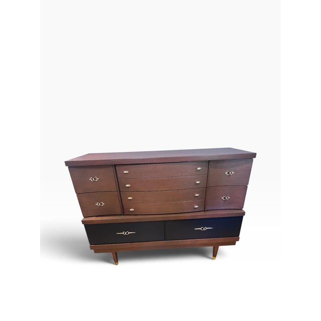 1960s Custom Reimagined Bassett Mid-Century Modern Dresser | Vintage Oak Geometric Credenza | Matte Black Natural Wood Tuxedo Sideboard Buffet For Sale - Image 5 of 11