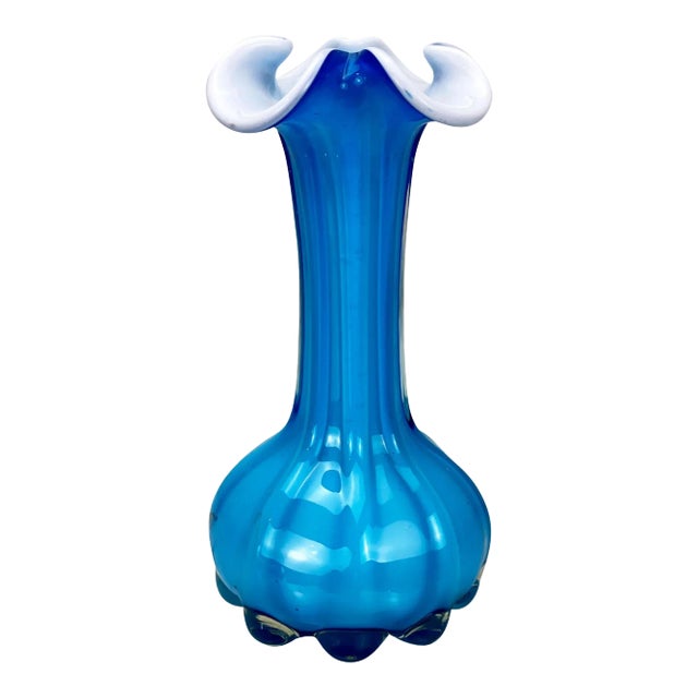 Mid-Century Atomic Blue Blown Art Glass Sculpted Vase For Sale
