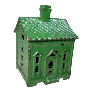 Share Antique 1927 Cast Iron Green House Still Coin Bank by Andy & Susan Moore For Sale
