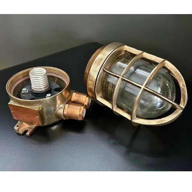 Early 20th Century Wiska Brass Cage Ship Ceiling Light With Two Side Conduits For Sale - Image 12 of 12