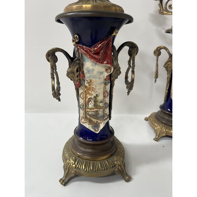 Polychrome Earthenware Fireplace Surround with Landscape Decoration, Set of 3 For Sale - Image 4 of 18
