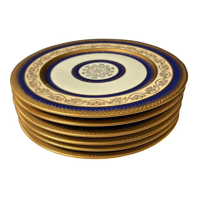 1940s Stouffer Fine China Gold Encrusted Cobalt Blue Porcelain Dinner Plates Set of 6 For Sale