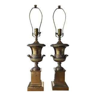 Late 20th Century Classical Heavy Brass Urn and Pedestal Lamps - a Pair For Sale