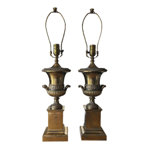 Late 20th Century Classical Heavy Brass Urn and Pedestal Lamps - a Pair