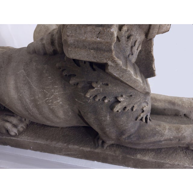 Mid 19th Century Large Pair Antique Sphinx of Weathered White Marble on Custom Wood Bases For Sale - Image 5 of 14