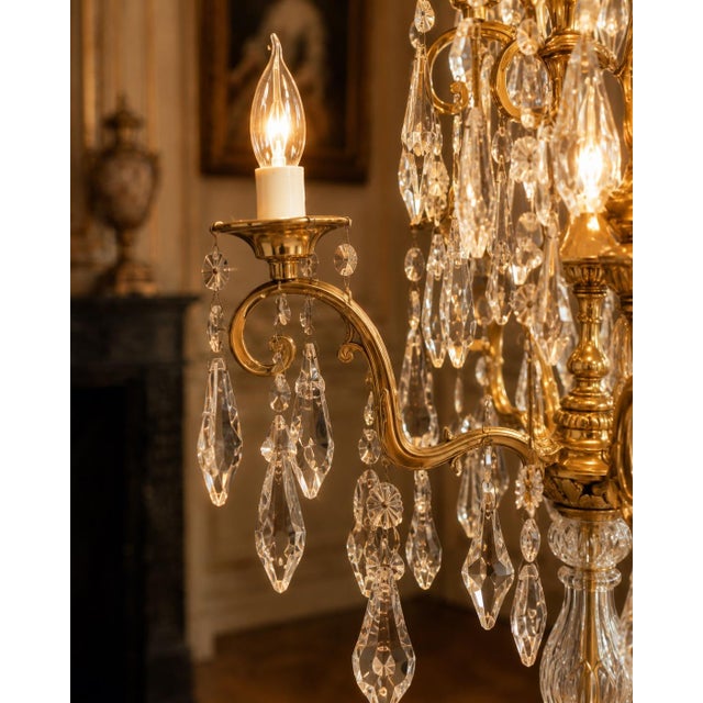 An impressive 1990 French Louis XVI–style table candelabra lamp, crafted from bronze with a gold finish and richly...