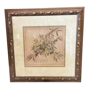 Vintage Framed Olive Branch Watercolor by French Artist Vincent Jeannerot