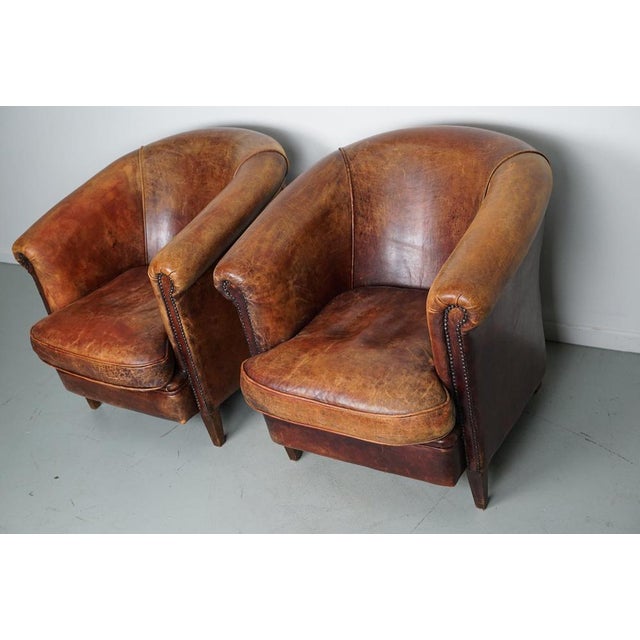 Set of Vintage Dutch Cognac Colored Leather Club Chairs For Sale - Image 10 of 18