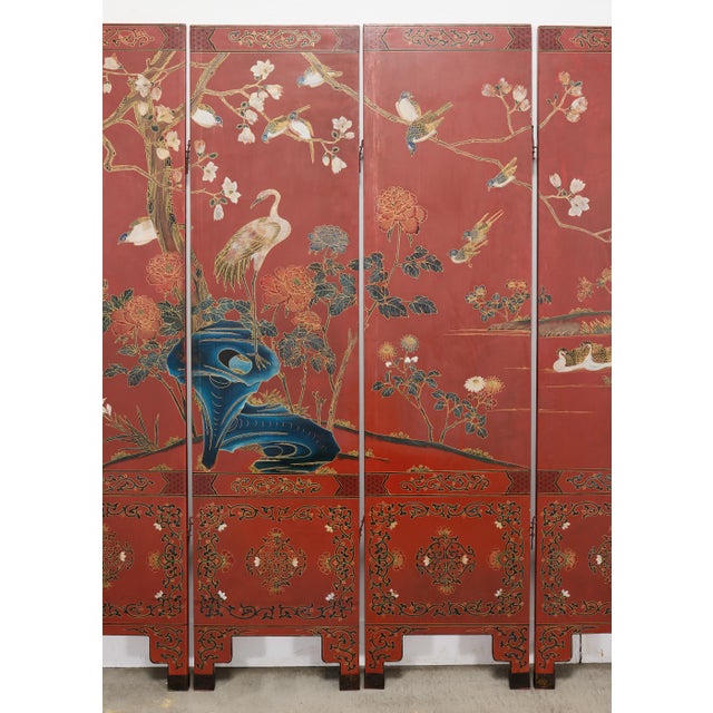 Mid 20th Century Chinese Export Four Panel Red Lacquered Chinoiserie Gilt Screen For Sale - Image 5 of 18
