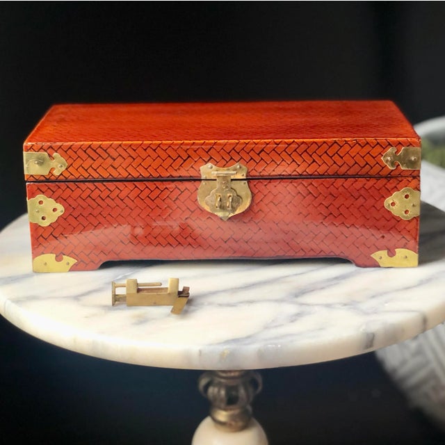 Late 20th Century Asian Herringbone Campaign Keepsake Box, LockAndKey Chairish