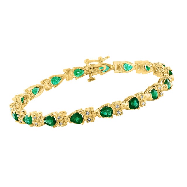 9 Ct Natural 18 Oval Stone Emerald & Diamond 14 Kt Yellow Gold Bracelet For Sale - Image 14 of 18