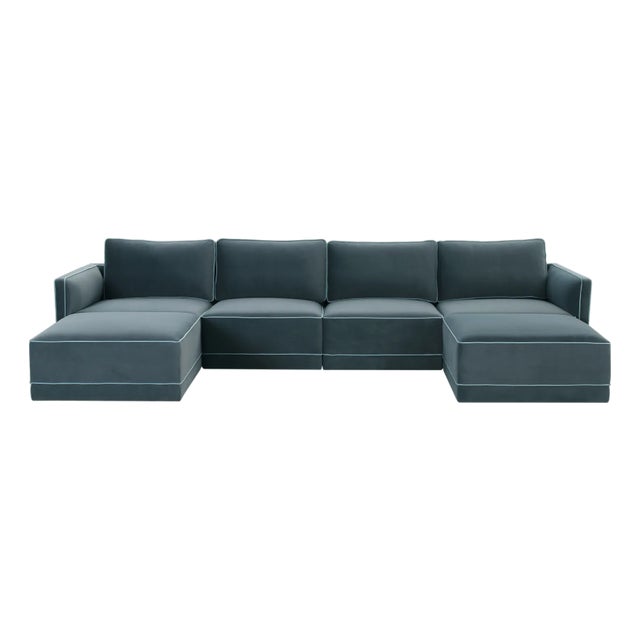 Wood Willow Misty Blue with Pale Blue Piping Modular 6-Piece Performance Velvet U Sectional For Sale - Image 7 of 7