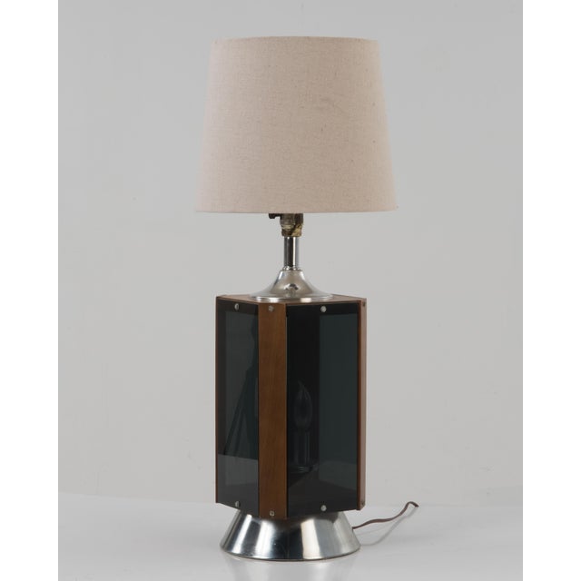 MidCentury Chrome Smoked Lucite & Walnut Table Lamp Original Shade