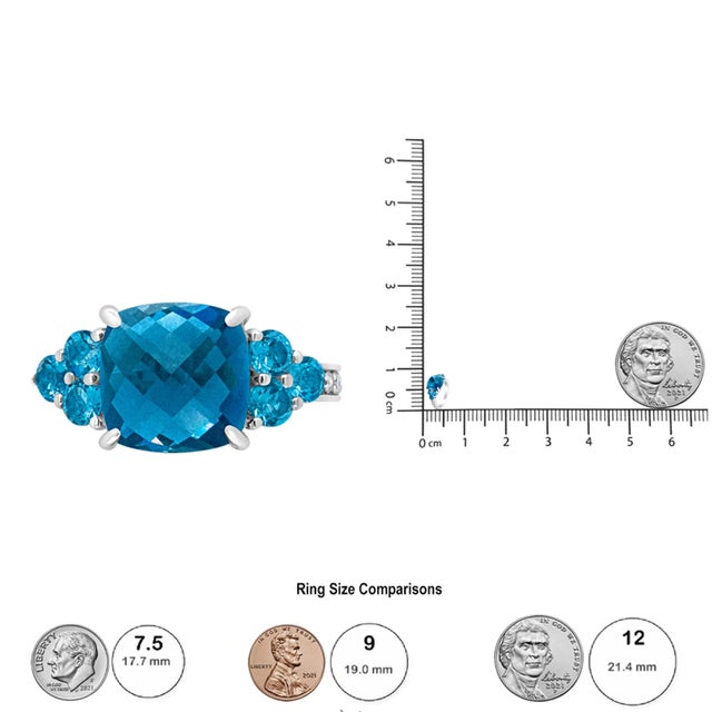 18K White Gold 10mm Cushion Shaped Blue Topaz and 1/6 Cttw Diamond 3 Stone Style Ring (F-G Color, VS1-VS2 Clarity) - Ring - Size 6.5 For Sale In New York - Image 6 of 6