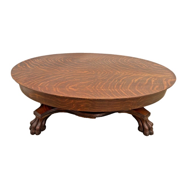 Antique Tiger Oak Oval Coffee Table, Carved Paw Feet, Drawer, Shelf, By: Piqua For Sale In Palm Springs - Image 6 of 12