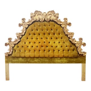 Vintage Hollywood Regency Style Gold King Headboard in Yellow & Green Tufted Velvet For Sale