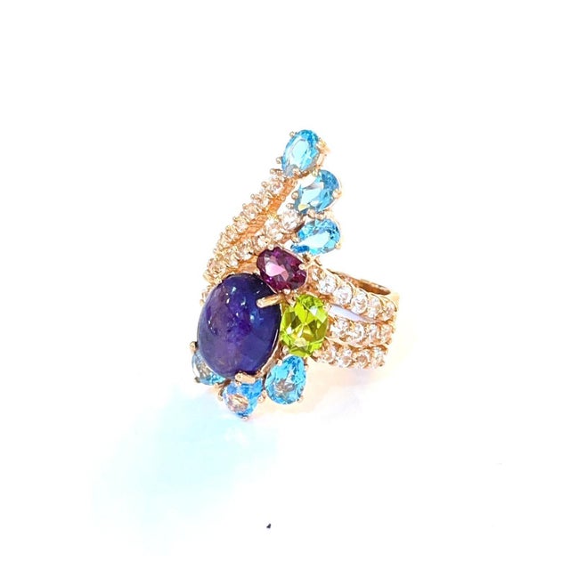 Bochic "Capri" Vintage Sapphire & Multi Gem Cocktail Ring 18k Gold & Silver For Sale In New York - Image 6 of 18