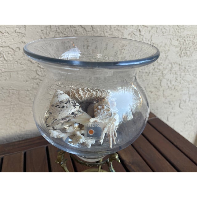 Neoclassical Vintage Blenko Hurricane Glass Vase & Ornate Neoclassical Brass Stand For Sale - Image 3 of 6