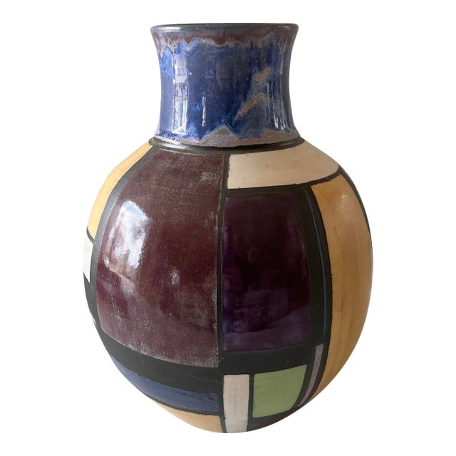 Modernist Handmade Pottery Vase With Geometric Design For Sale
