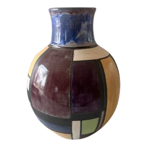 Modernist Handmade Pottery Vase With Geometric Design
