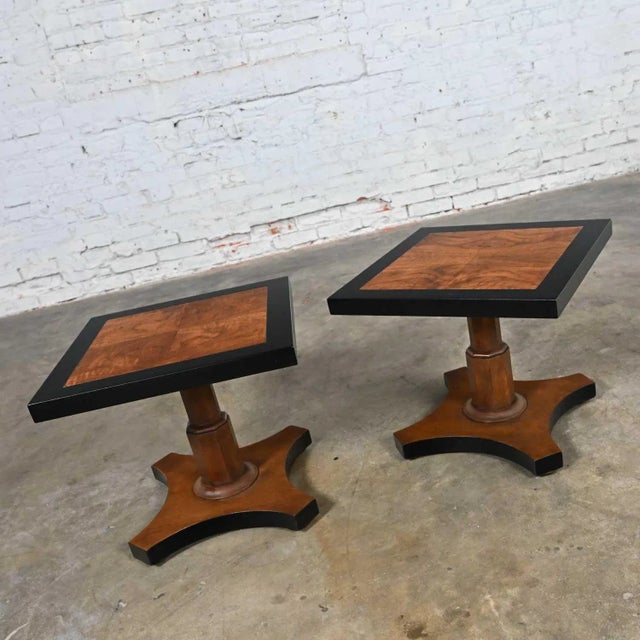 Wood Late 20th Century Baker Furniture Campaign Style Black & Natural Pedestal End Tables a Pair For Sale - Image 7 of 13
