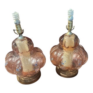 1950s Pair of Mid-Century Modern Murano Style Pink Bullicante Glass Lamps For Sale