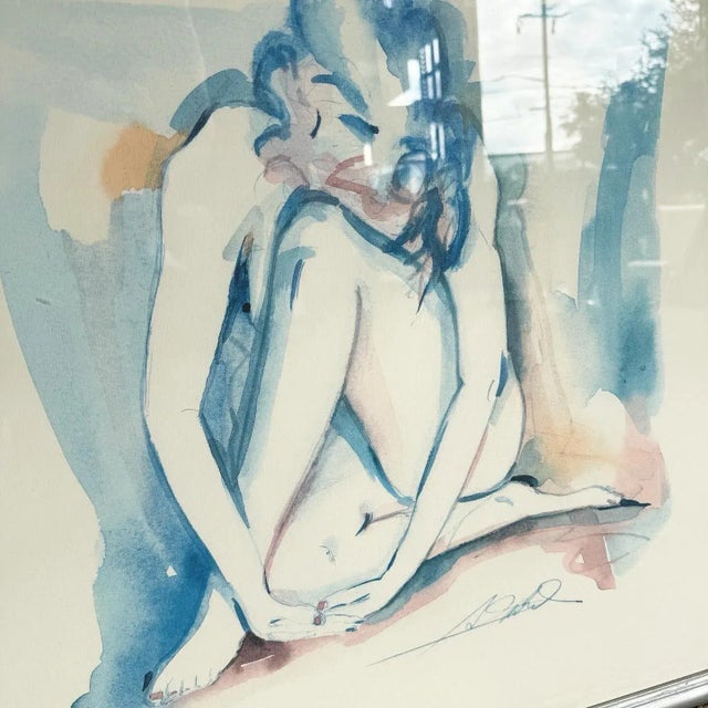 Figurative Vintage Singed and Framed Water Color Painting of Kneeling Lady For Sale - Image 3 of 4